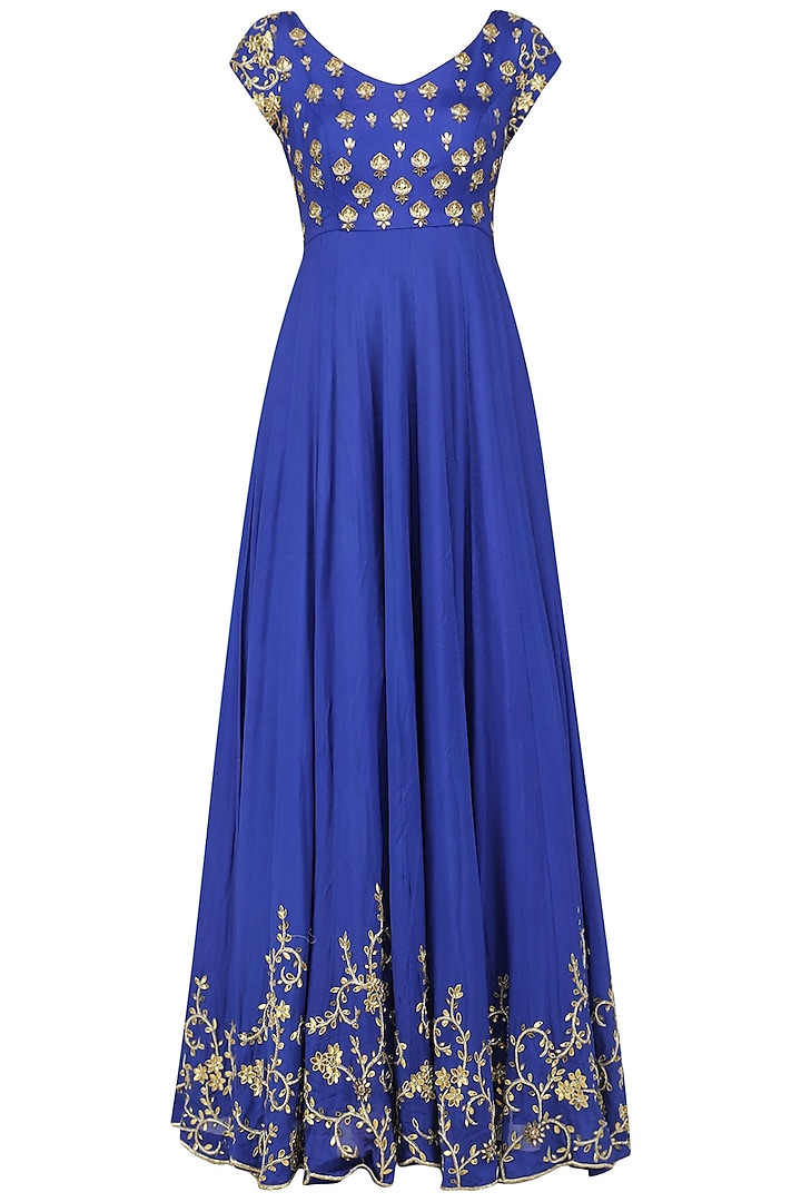 Blue Creeper and Bootis Hand Embroidered Anarkali Set by Architha Narayanam