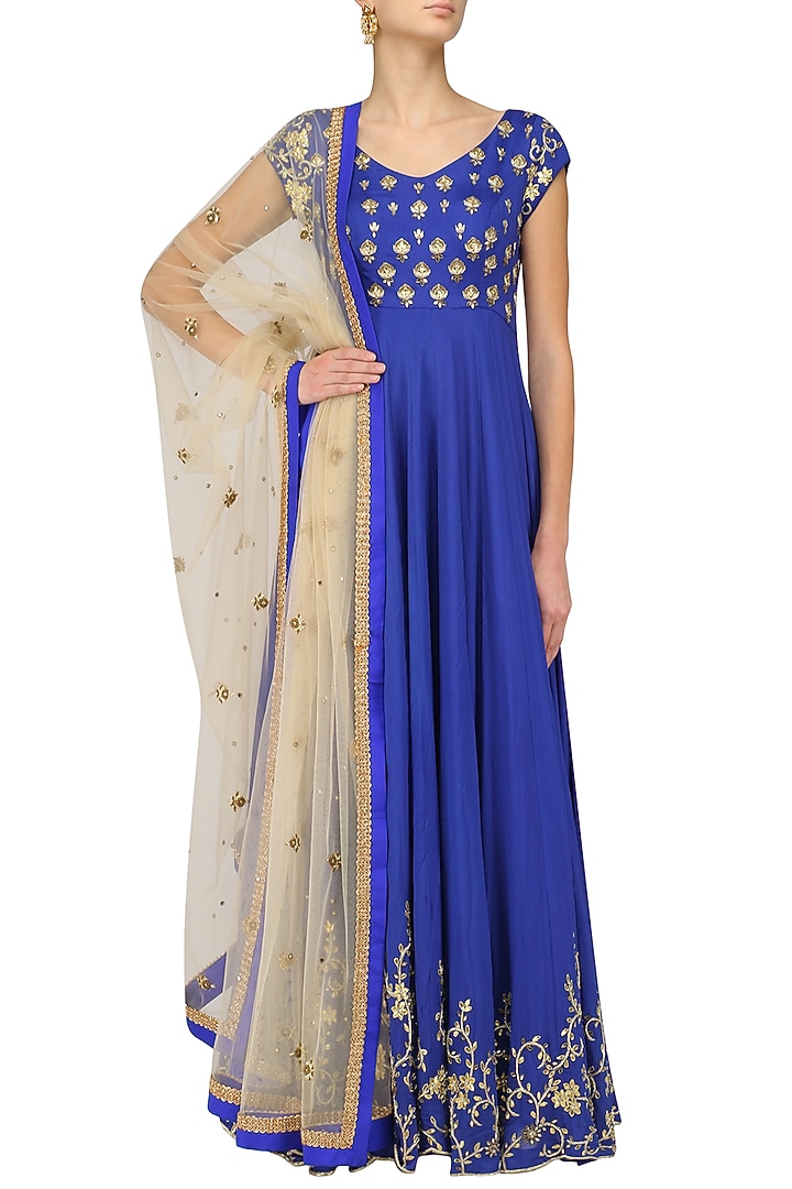 Blue creeper and bootis hand embroidered anarkali set available only at Pernia's Pop Up Shop.