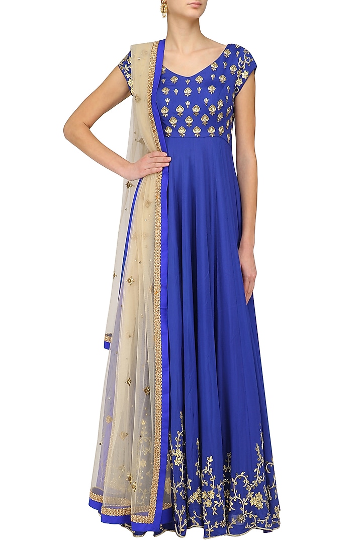 Blue creeper and bootis hand embroidered anarkali set available only at Pernia's Pop Up Shop.