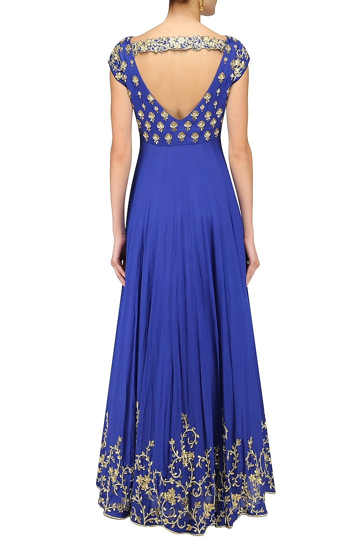 Blue creeper and bootis hand embroidered anarkali set available only at Pernia's Pop Up Shop.