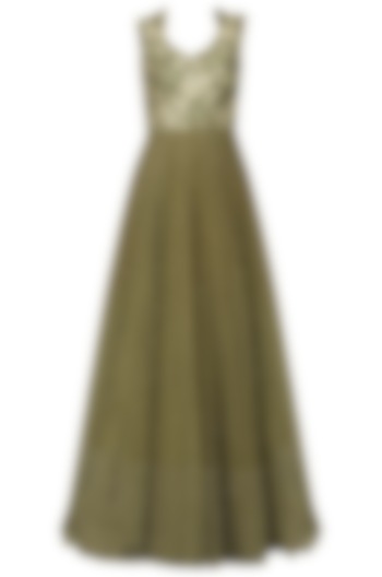 Military Green Embellished Gown by Architha Narayanam