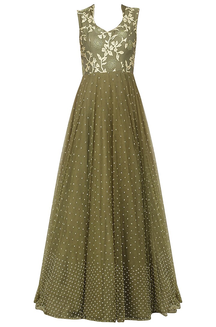 Military Green Embellished Gown by Architha Narayanam