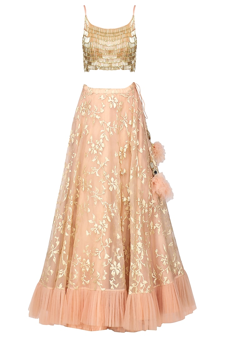 Baby Pink Applique Frill Lehenga with Blouse by Architha Narayanam
