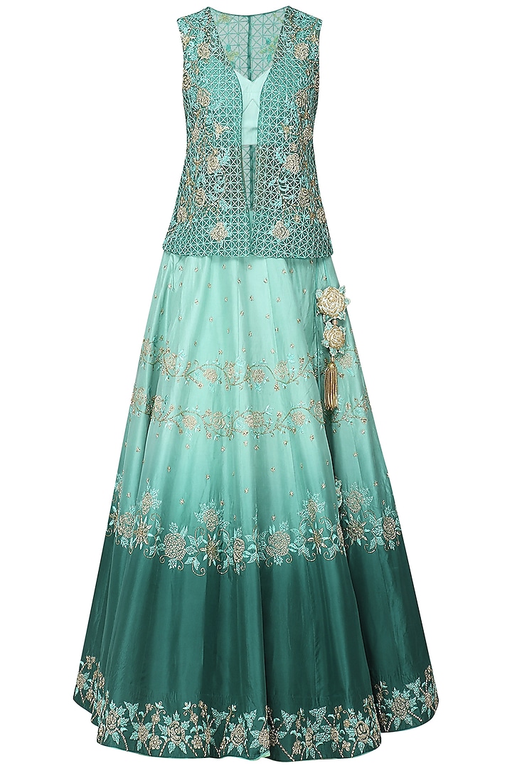 Green Shaded Embellished Lehenga with Bustier and Jacket by Architha Narayanam