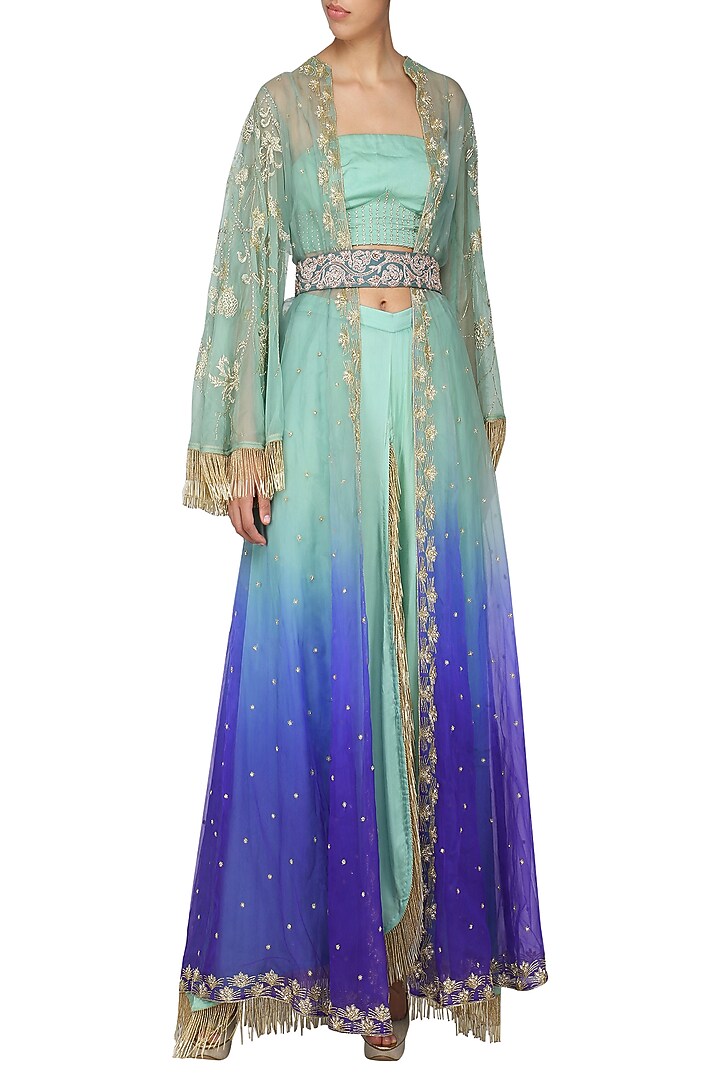 Shades of blue embellished jacket with bustier, pants and belt available only at Pernia's Pop Up Shop.