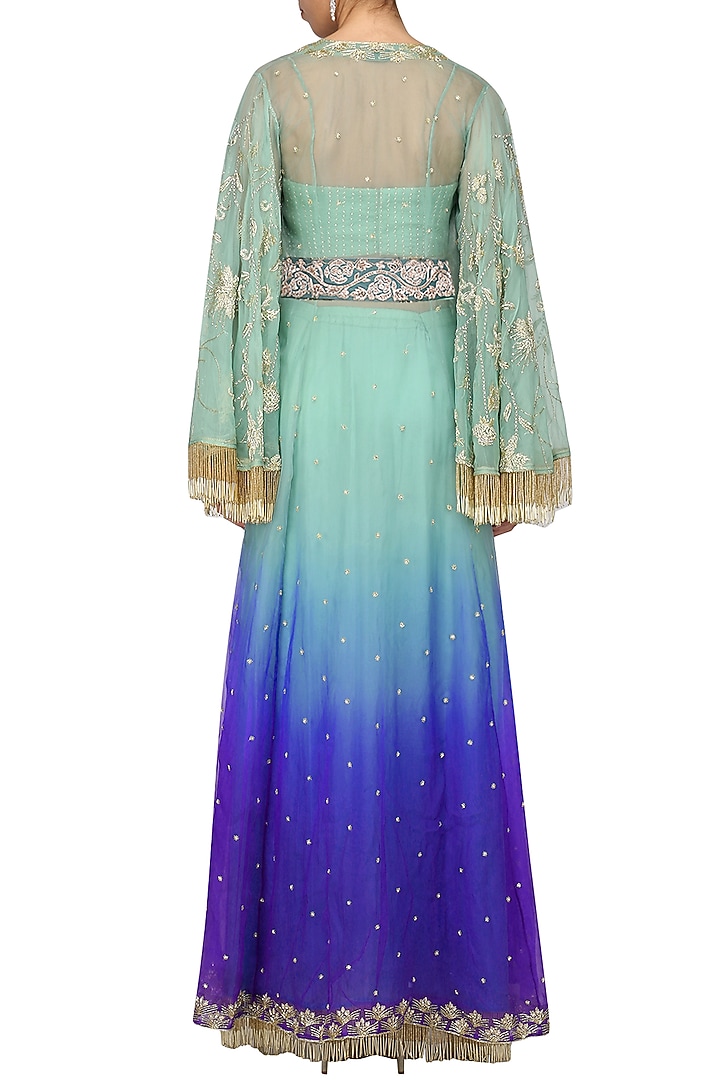 Shades of blue embellished jacket with bustier, pants and belt available only at Pernia's Pop Up Shop.