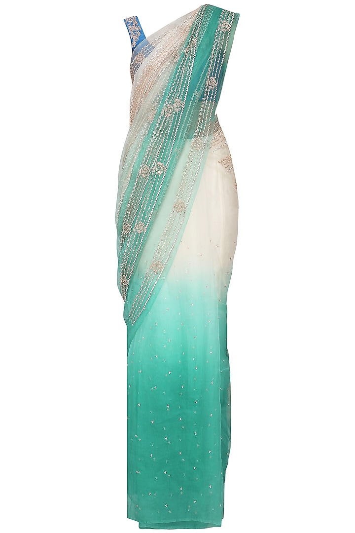 Green To White Ombre Embellished Saree with Blouse by Architha Narayanam