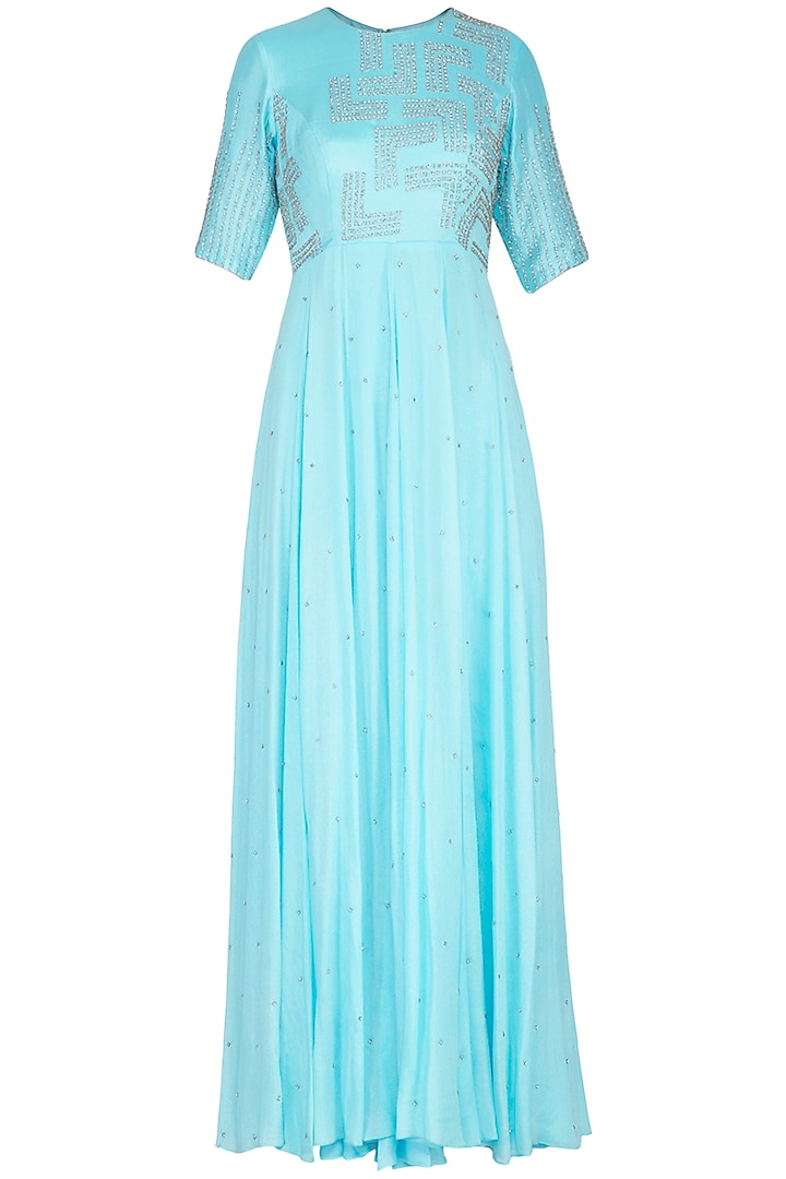 Cyan blue embroidered anarkali gown with dupatta by Architha Narayanam
