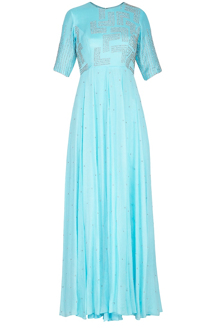 Cyan blue embroidered Wedding Anarkali gown with dupatta by Architha Narayanam at Pernia's Pop Up Shop