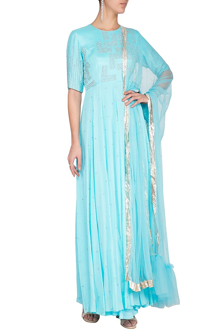 Cyan blue embroidered Wedding Anarkali gown with dupatta by Architha Narayanam at Pernia's Pop Up Shop