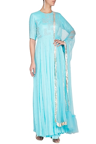 Cyan blue embroidered anarkali gown with dupatta by Architha Narayanam