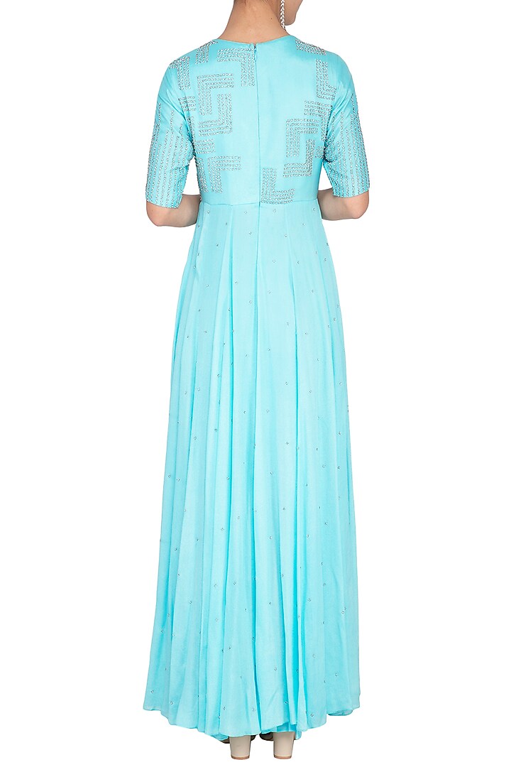 Cyan blue embroidered Wedding Anarkali gown with dupatta by Architha Narayanam at Pernia's Pop Up Shop