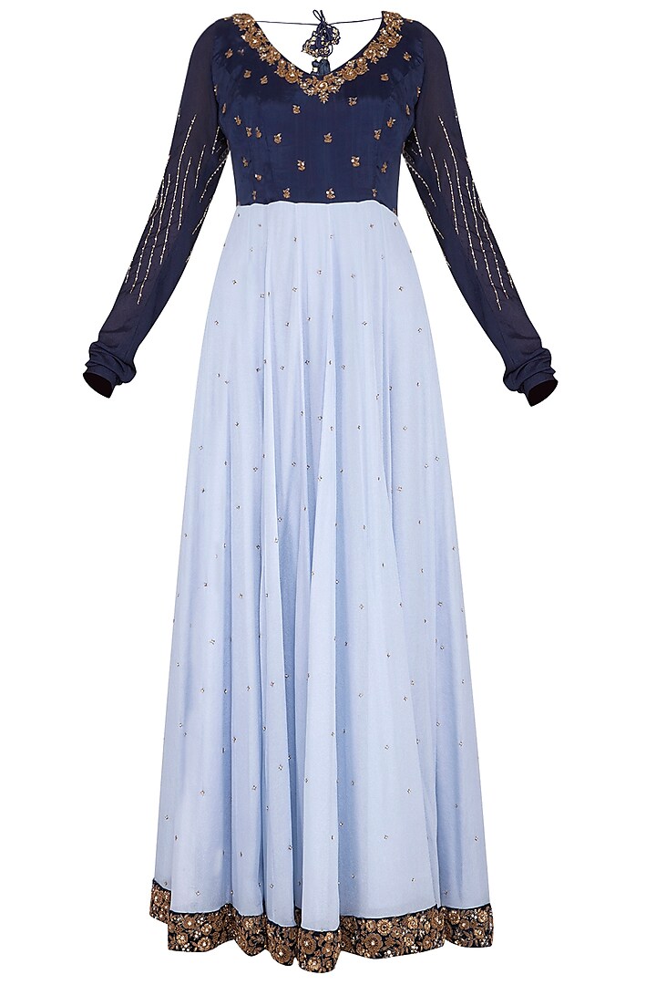 Blue embroidered gown by Architha Narayanam