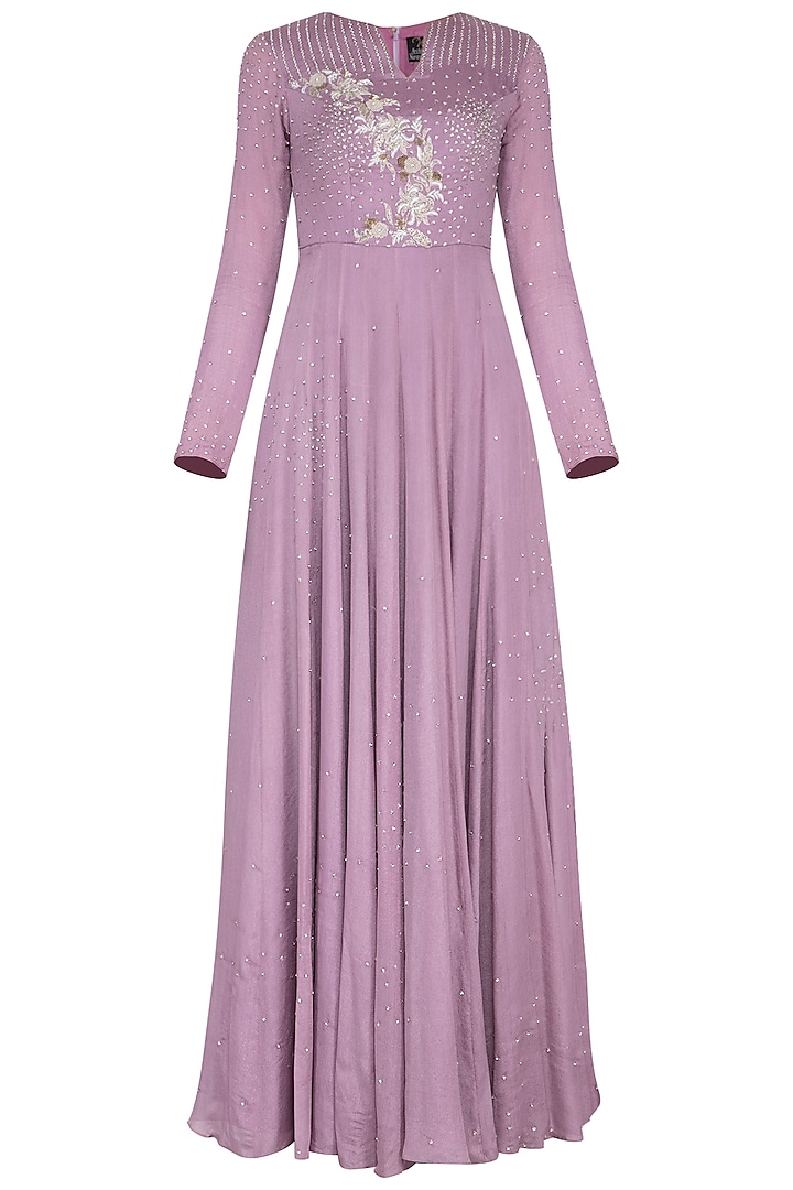 Dark mauve embroidered gown by Architha Narayanam
