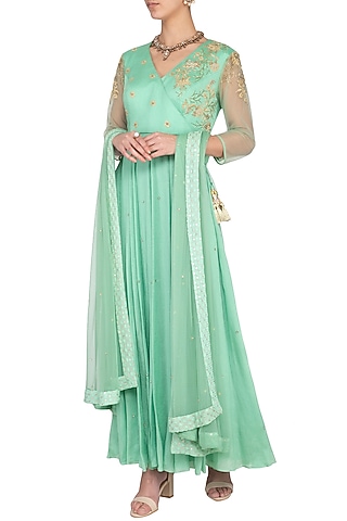 Sage green embroidered anarkali gown with dupatta by Architha Narayanam