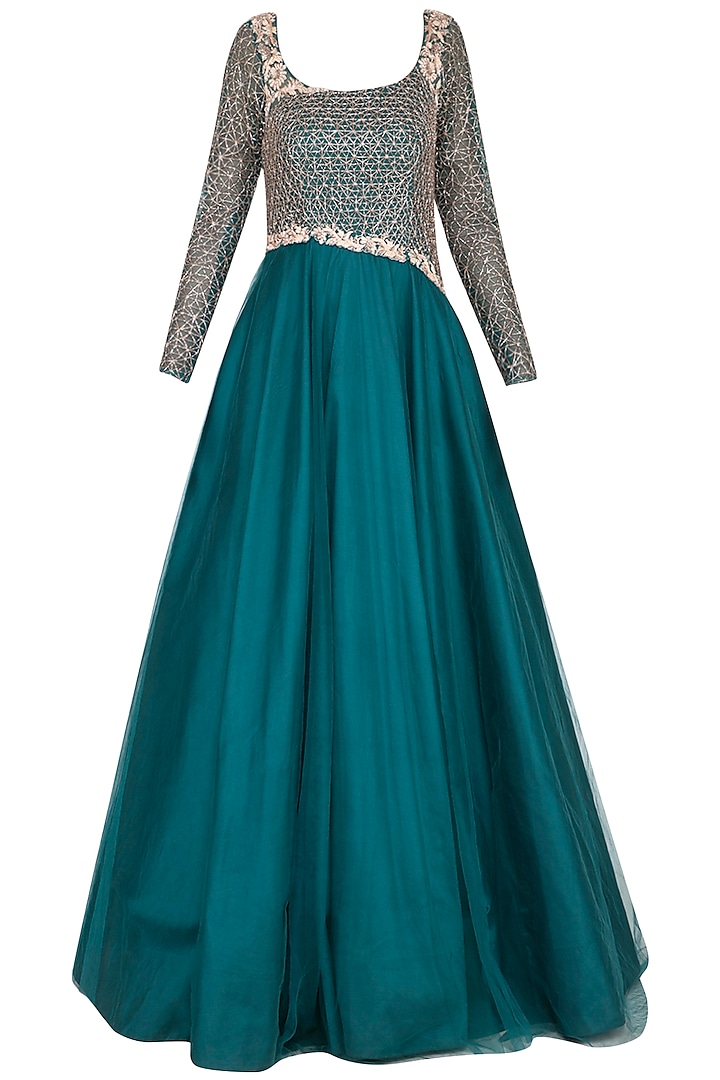 Dark teal green embroidered gown by Architha Narayanam
