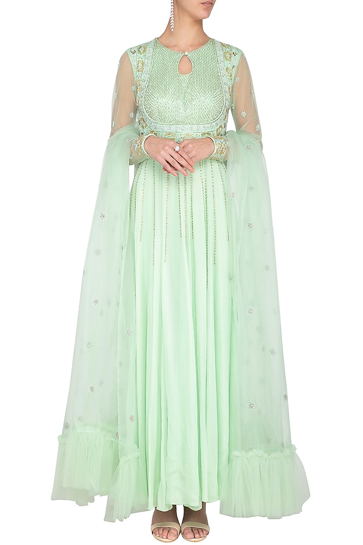Mint green embroidered Wedding Anarkali gown by Architha Narayanam at Pernia's Pop Up Shop