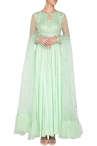 Mint green embroidered anarkali gown by Architha Narayanam