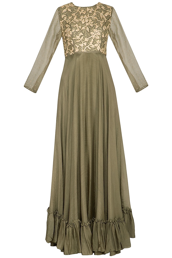 Seaweed green embroidered anarkali gown by Architha Narayanam