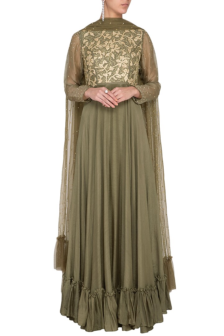 Seaweed green embroidered Wedding Anarkali gown by Architha Narayanam at Pernia's Pop Up Shop