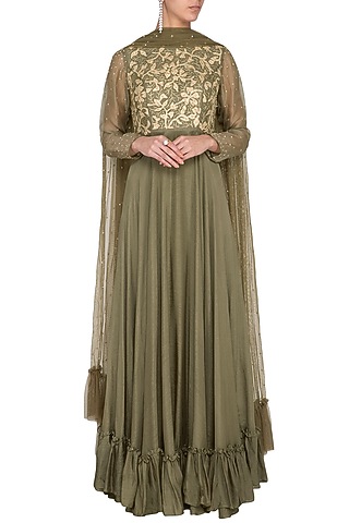 Seaweed green embroidered anarkali gown by Architha Narayanam