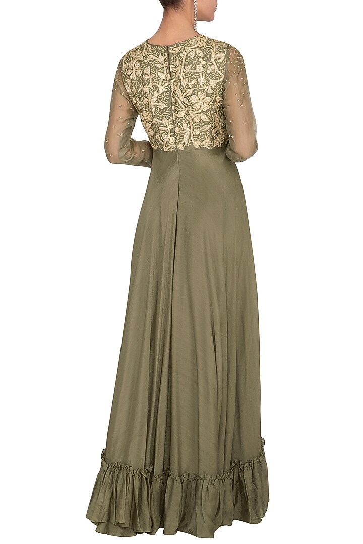 Seaweed green embroidered Wedding Anarkali gown by Architha Narayanam at Pernia's Pop Up Shop