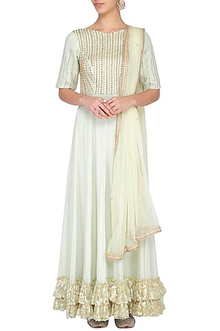 Light mint green embroidered anarkali gown with dupatta by Architha Narayanam