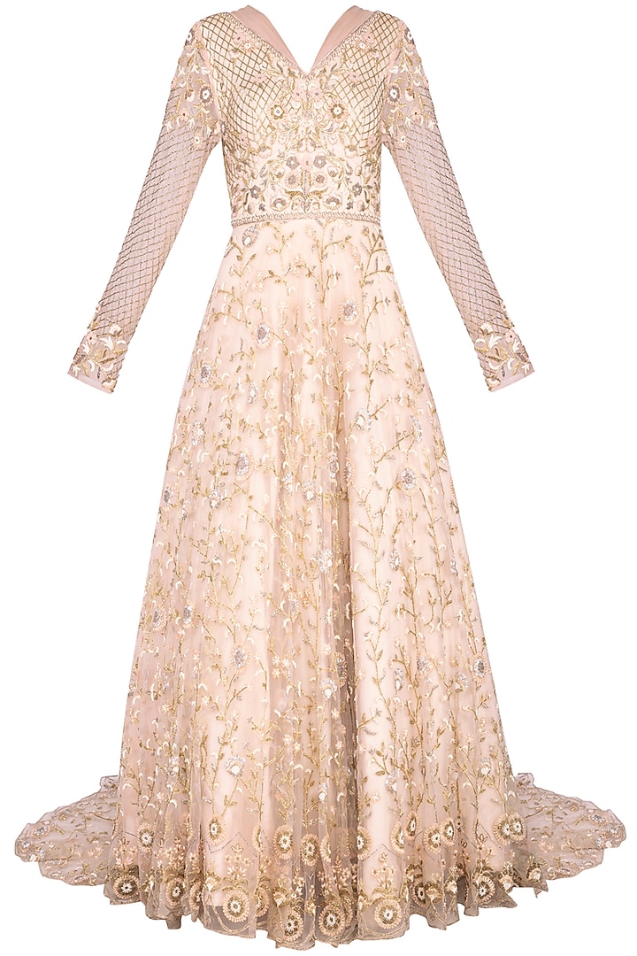 Beige sequins embroidered gown by Architha Narayanam