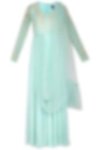 Sage green embroidered Wedding Anarkali gown with attached dupatta by Architha Narayanam at Pernia's Pop Up Shop