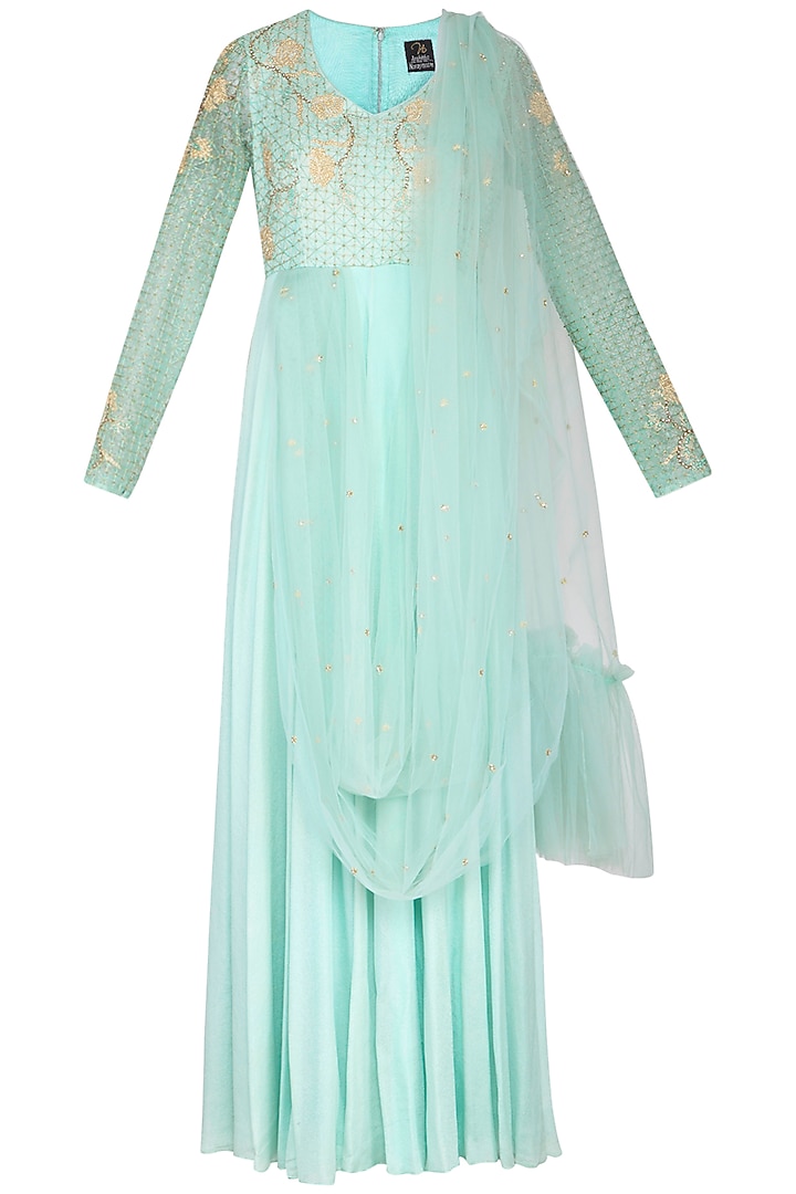 Sage green embroidered Wedding Anarkali gown with attached dupatta by Architha Narayanam at Pernia's Pop Up Shop