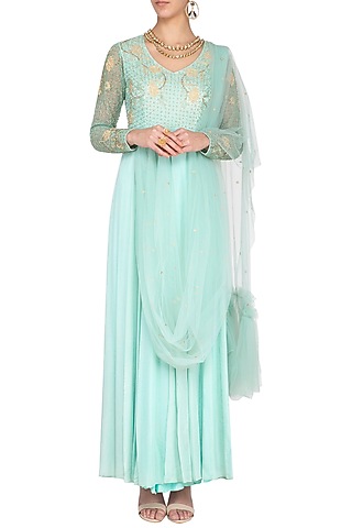 Sage green embroidered anarkali gown with attached dupatta by Architha Narayanam