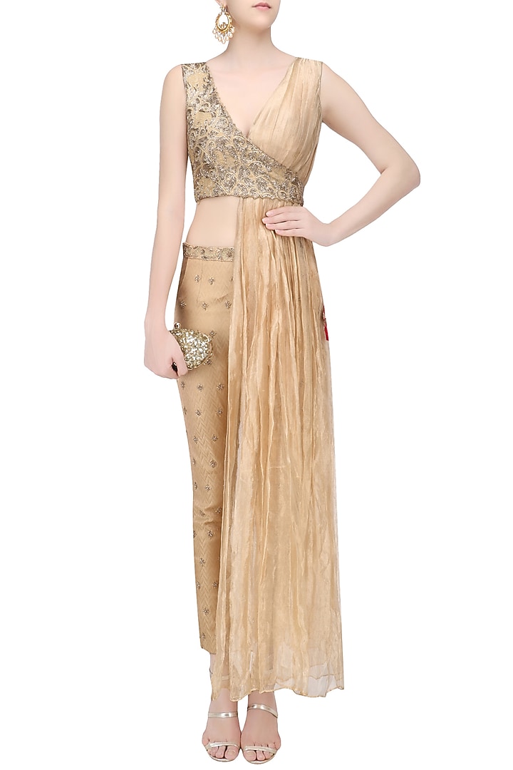 Beige floral embroidered overlap jacket with pants available only at Pernia's Pop Up Shop.