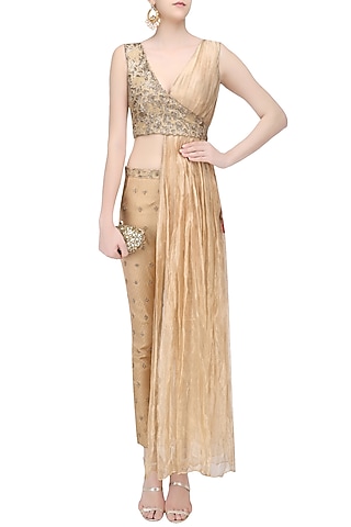Beige Floral Embroidered Overlap Jacket with Pants by Architha Narayanam