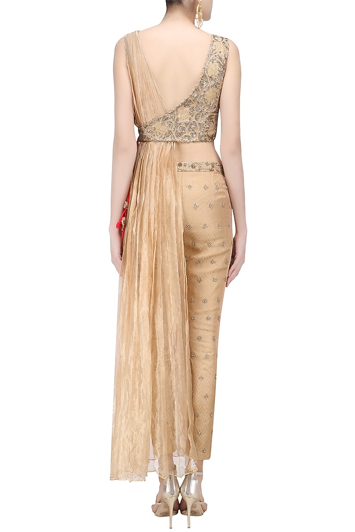 Beige floral embroidered overlap jacket with pants available only at Pernia's Pop Up Shop.