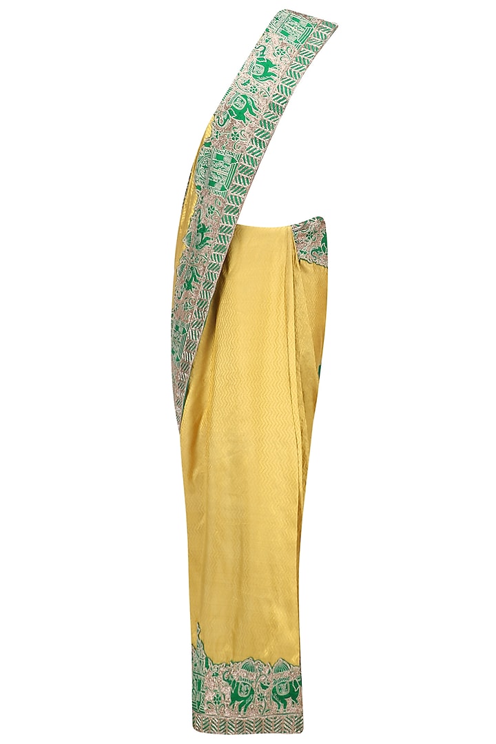 Gold Elephants Embroidered Saree with Green Jacket Blouse by Architha Narayanam