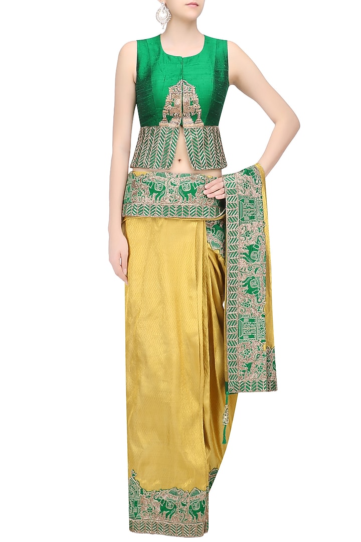 Gold elephants embroidered saree with green jacket blouse available only at Pernia's Pop Up Shop.