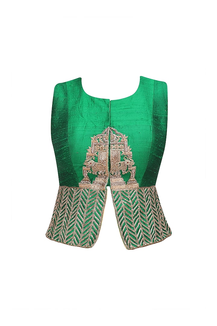Gold elephants embroidered saree with green jacket blouse available only at Pernia's Pop Up Shop.