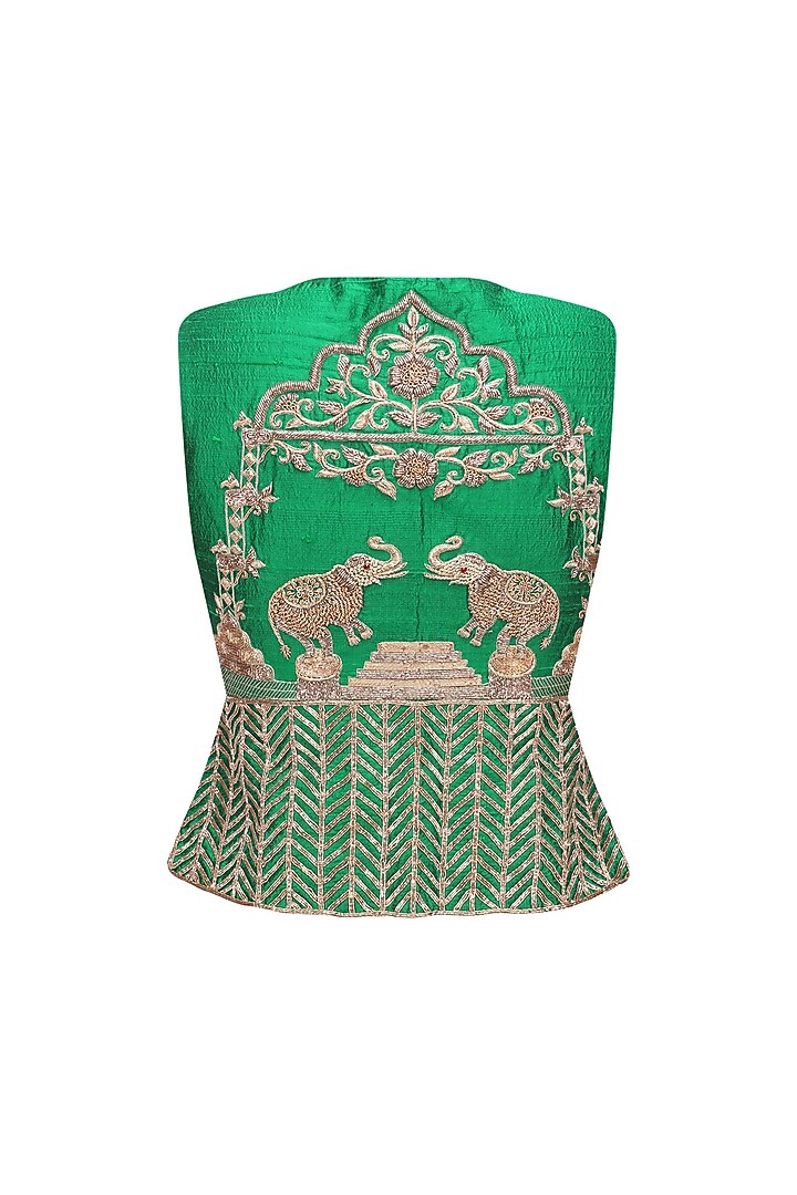 Gold elephants embroidered saree with green jacket blouse available only at Pernia's Pop Up Shop.