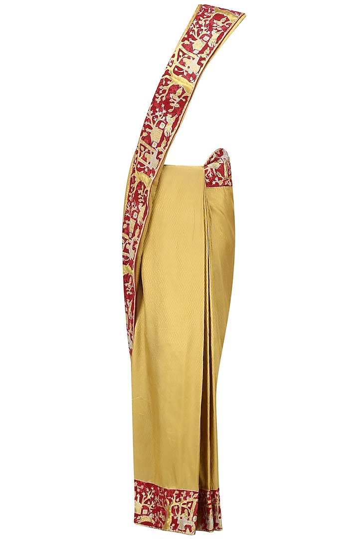 Gold Floral Embroidered Saree with Red High Neck Blouse by Architha Narayanam