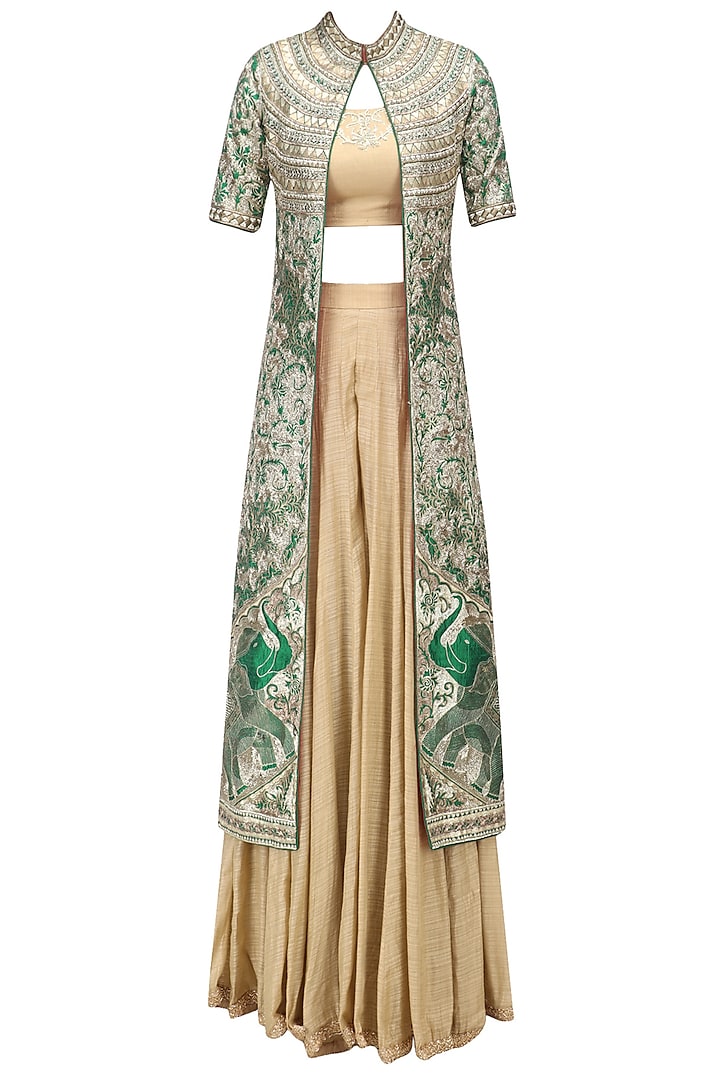 Green Floral Embroidered Jacket with Gold Blouse and Palazzo Pants by Architha Narayanam