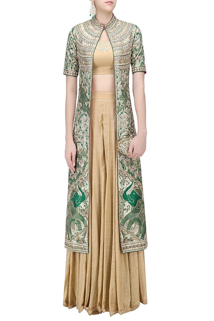 Green floral embroidered jacket with gold blouse and palazzo pants available only at Pernia's Pop Up Shop.