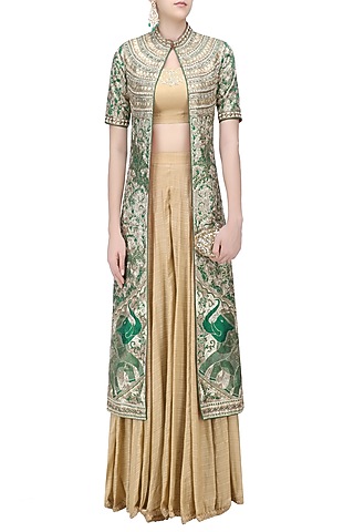 Green Floral Embroidered Jacket with Gold Blouse and Palazzo Pants by Architha Narayanam