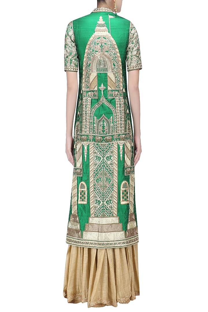 Green floral embroidered jacket with gold blouse and palazzo pants available only at Pernia's Pop Up Shop.