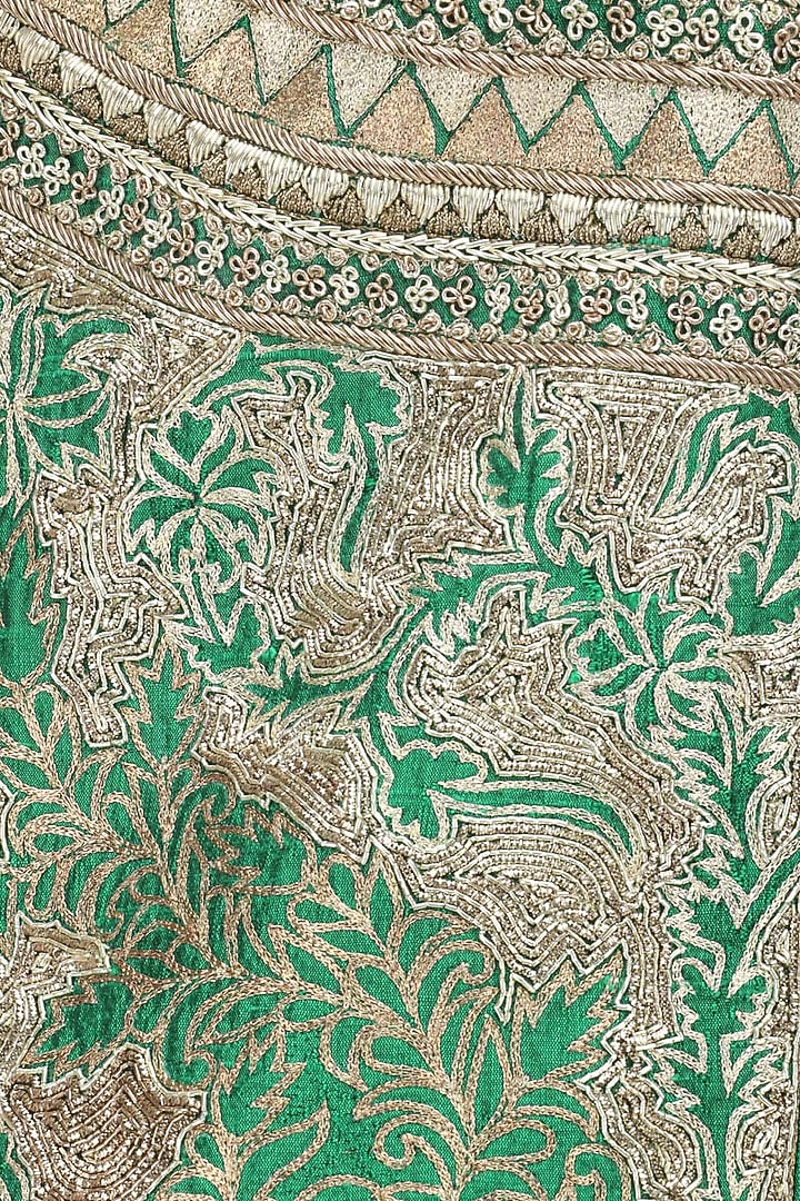 Green floral embroidered jacket with gold blouse and palazzo pants available only at Pernia's Pop Up Shop.