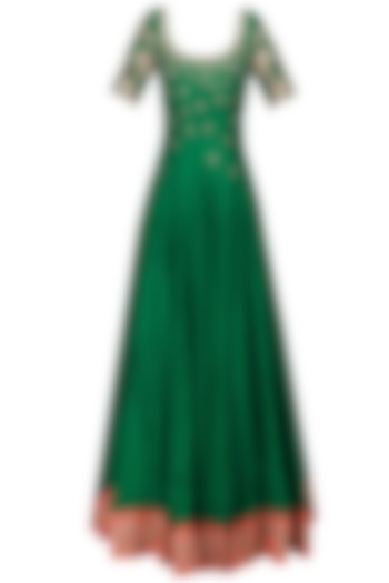 Green Floral Embroidered Anarkali with Gold Dupatta by Architha Narayanam