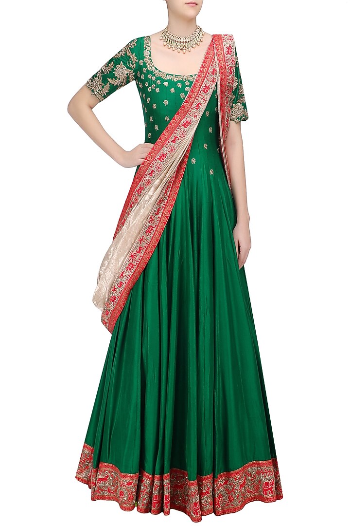 Green floral embroidered anarkali with gold dupatta available only at Pernia's Pop Up Shop.
