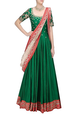 Green Floral Embroidered Anarkali with Gold Dupatta by Architha Narayanam