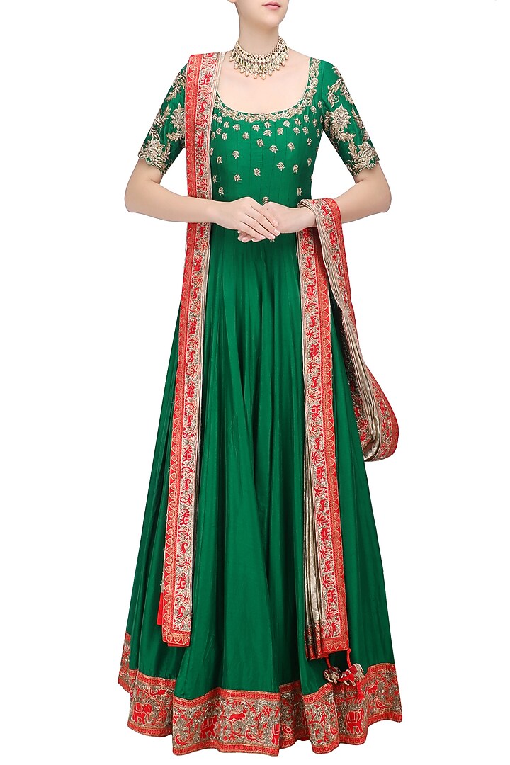 Green floral embroidered anarkali with gold dupatta available only at Pernia's Pop Up Shop.