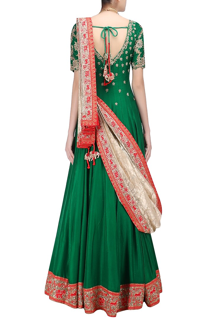 Green floral embroidered anarkali with gold dupatta available only at Pernia's Pop Up Shop.