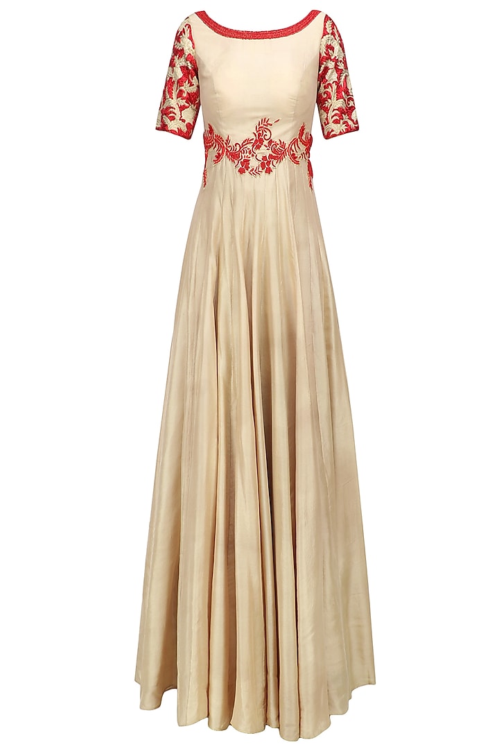 Beige and Red Floral Embroidered Anarkali Set by Architha Narayanam
